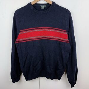 J. Crew 100% Lambs Wool Navy Blue Red Grey Stripe Crew Neck Sweater Mens Medium